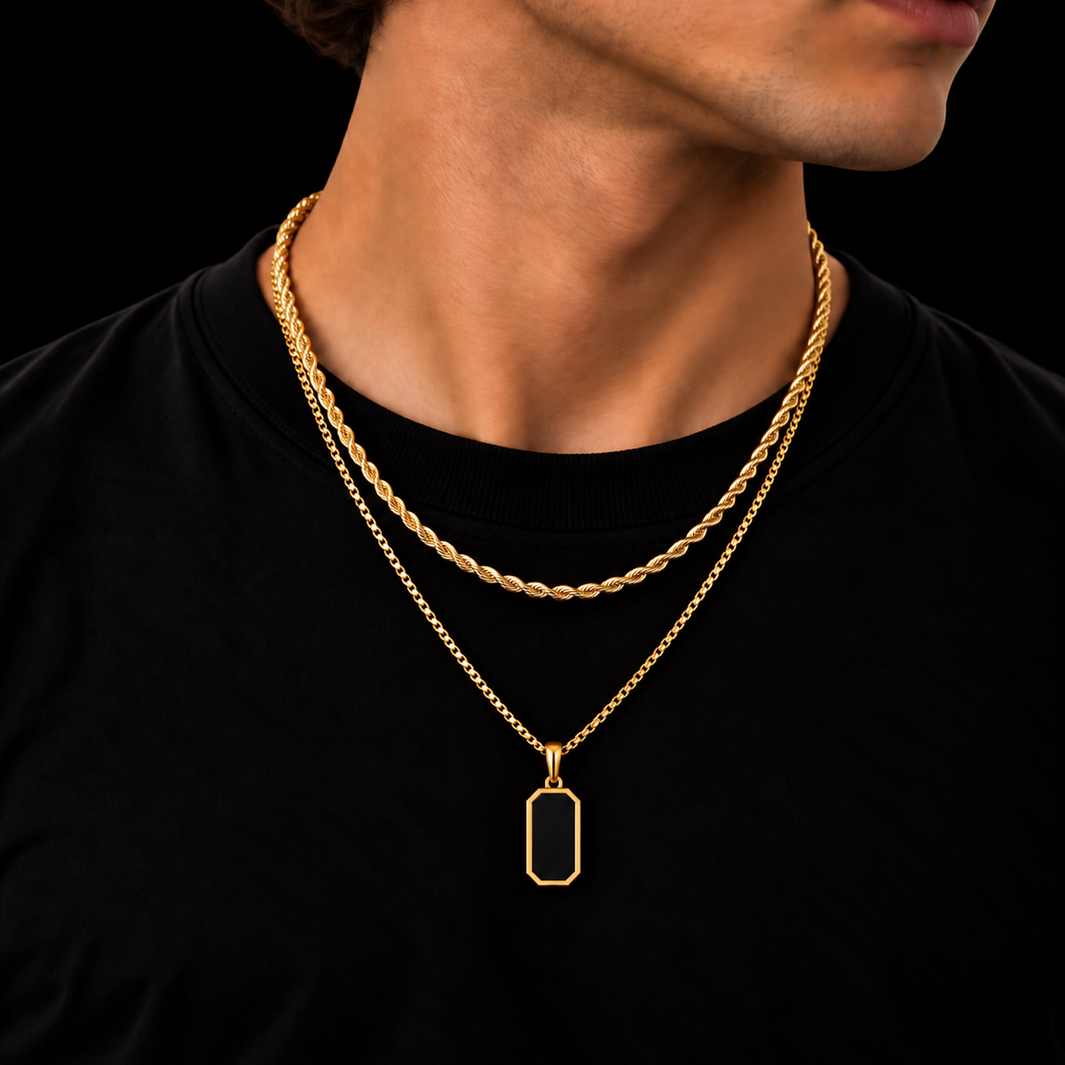 3MM ROPE CHAIN + 2MM BOX CHAIN LONG OCTAGON SET – 18K GOLD PLATED