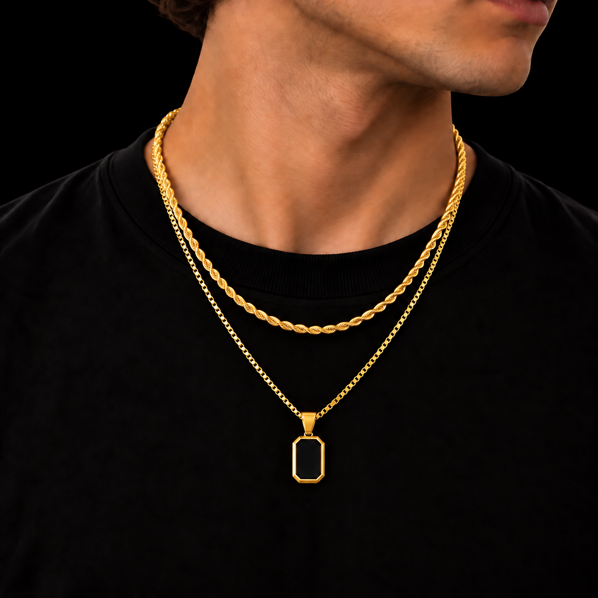 3MM ROPE CHAIN + 2MM BOX CHAIN BLACK OCTAGON SET – 18K GOLD PLATED