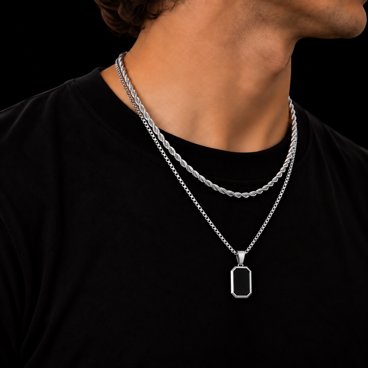 3MM ROPE CHAIN + 2MM BOX CHAIN BLACK OCTAGON SET – SILVER PLATED