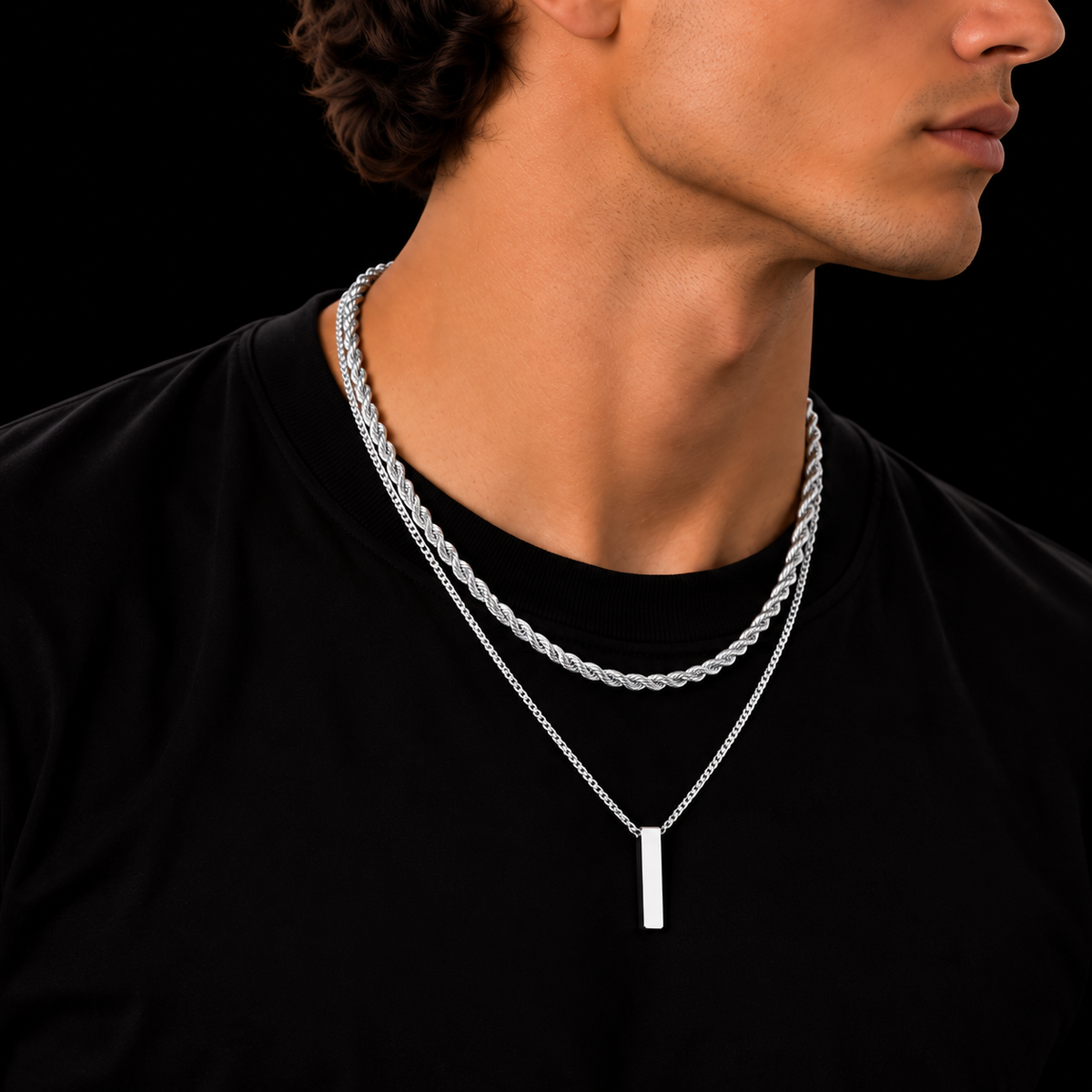 3MM ROPE CHAIN + 2MM BOX CHAIN BAR SET – SILVER PLATED