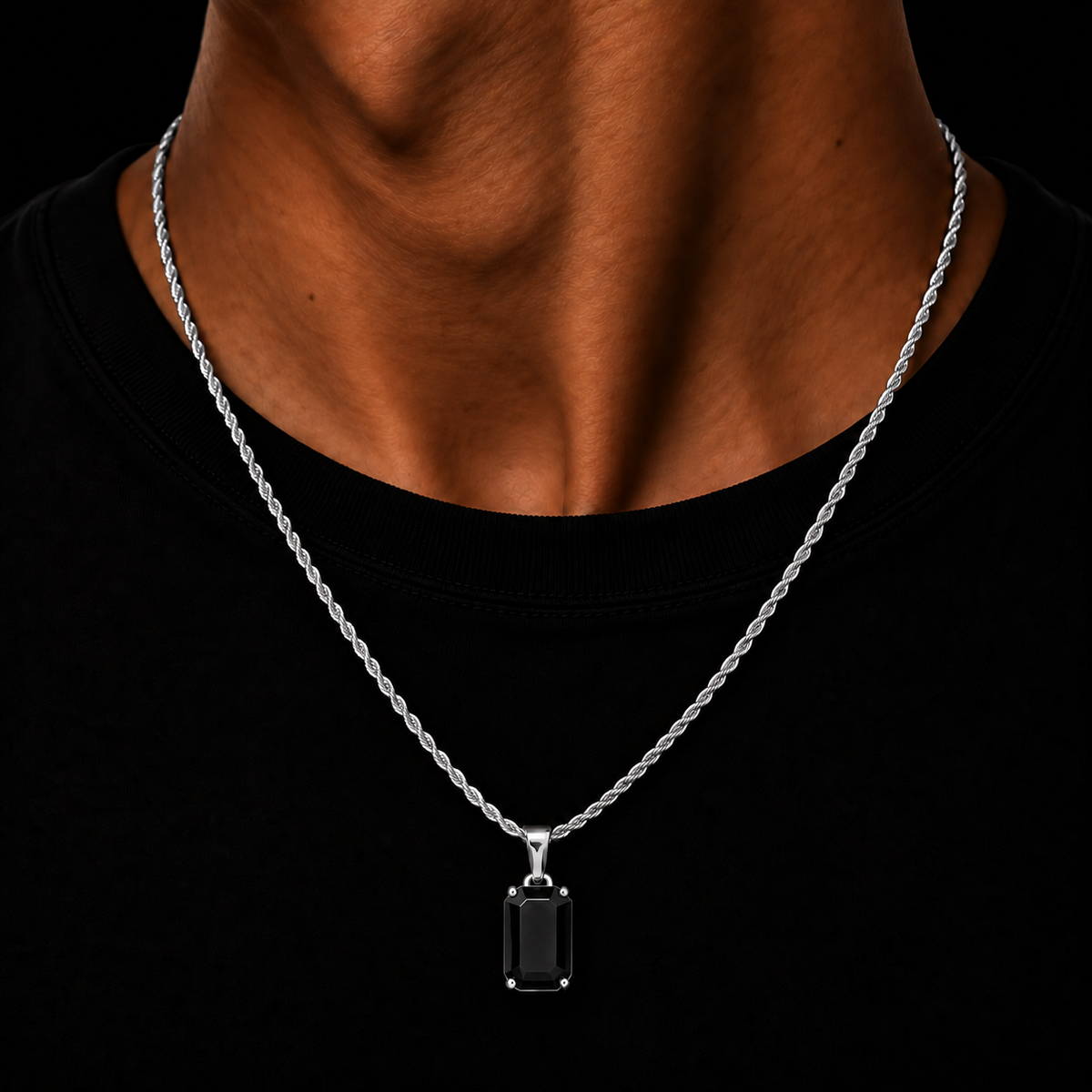 SILVER ROPE CHAIN 2MM + BLACK ONYX GEMSTONE HANGER