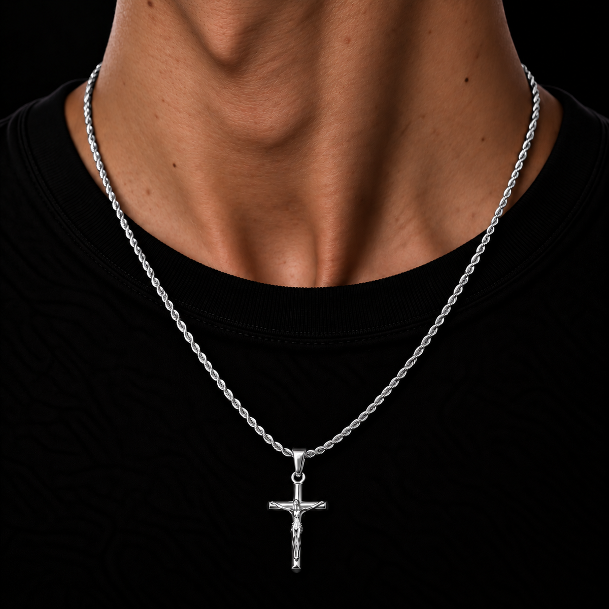 SILVER ROPE CHAIN 2MM + CRUCIFIX PENDANT HANGER