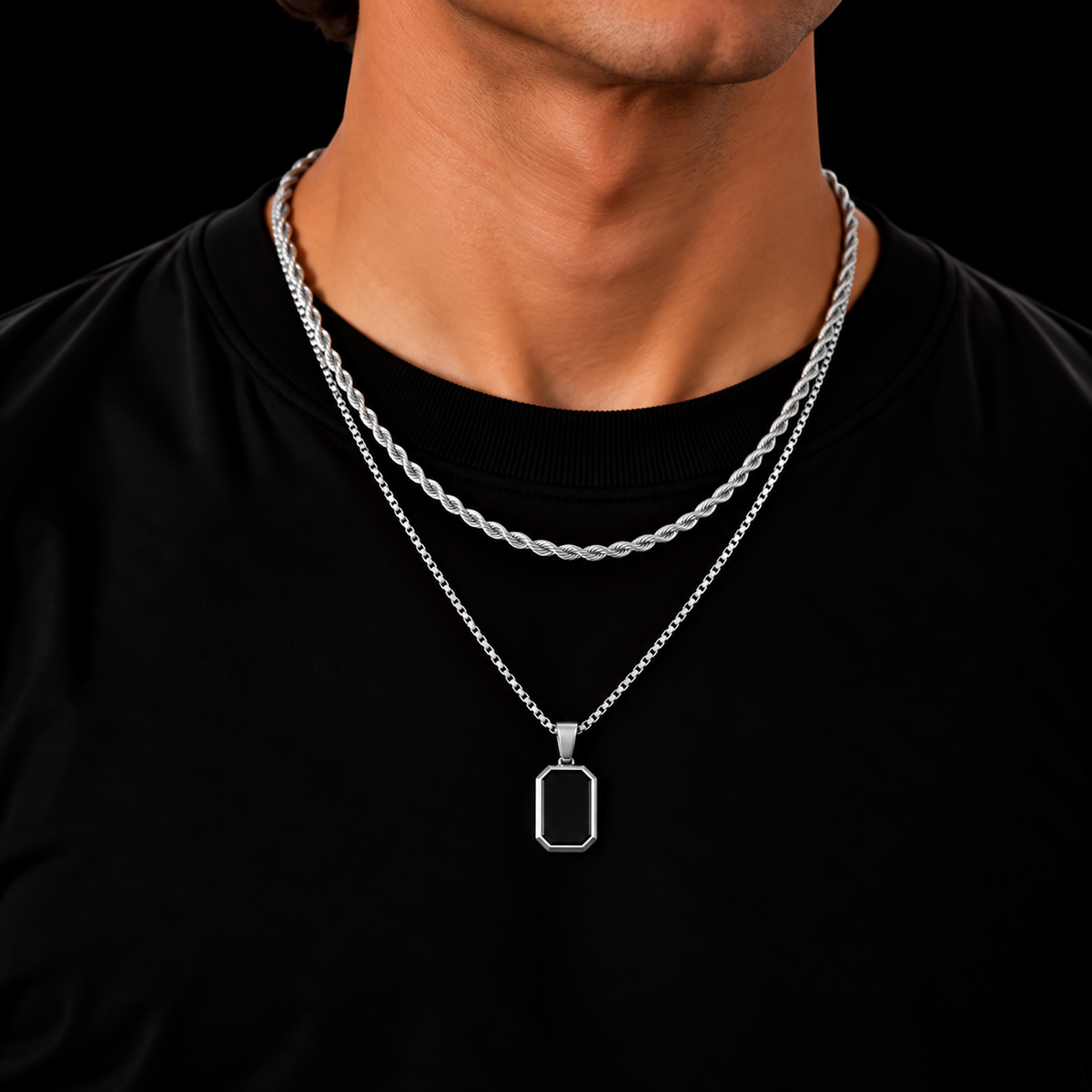3MM ROPE CHAIN + 2MM BOX CHAIN BLACK OCTAGON SET – SILVER PLATED