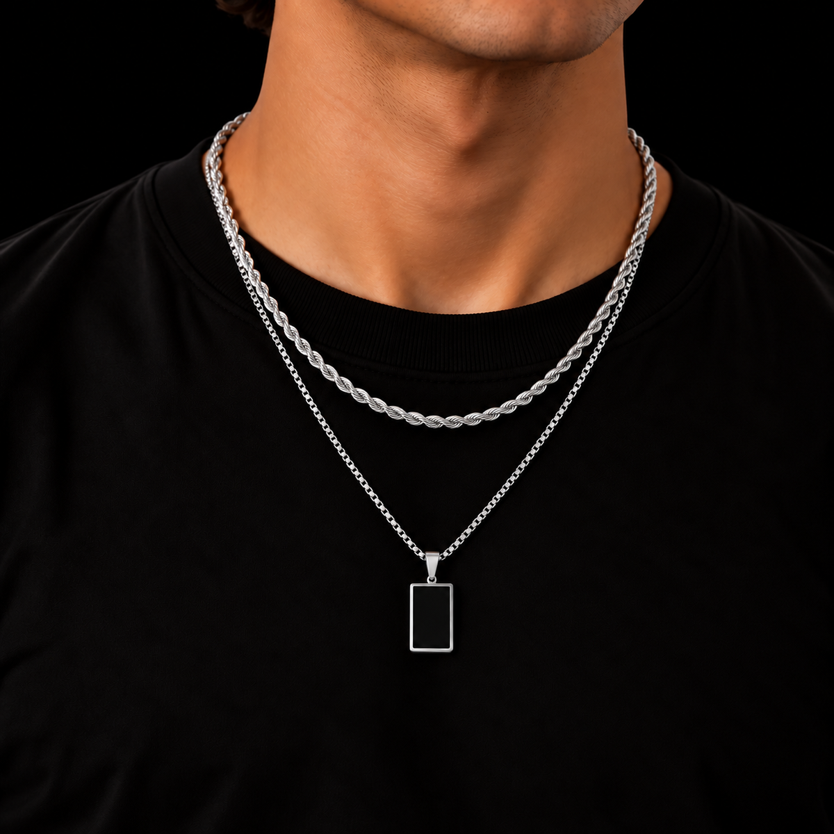 3MM ROPE CHAIN + 2MM BOX CHAIN BLACK RECTANGLE SET – SILVER PLATED