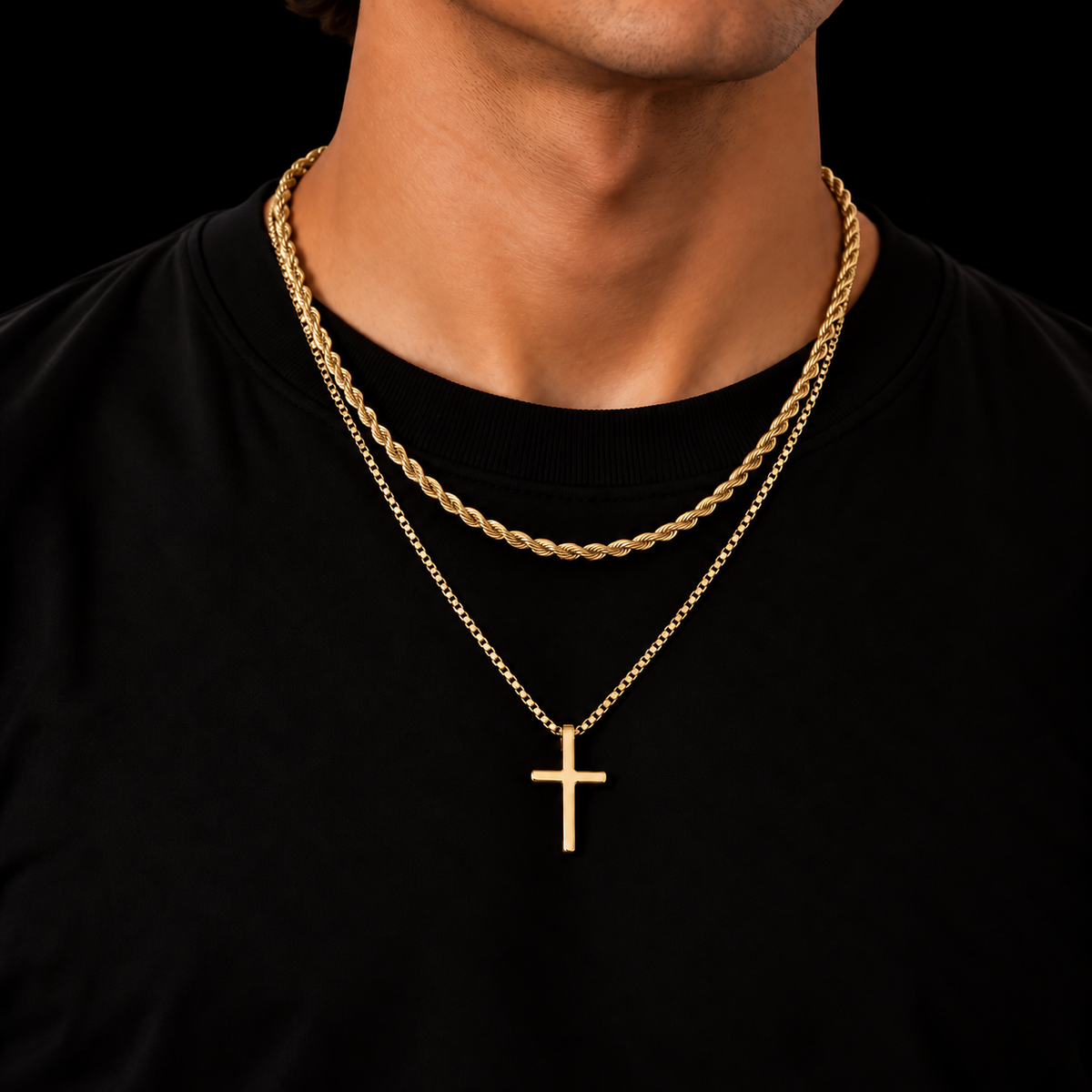 3MM ROPE CHAIN + 2MM BOX CHAIN KRUIS SET – 18K GOLD PLATED