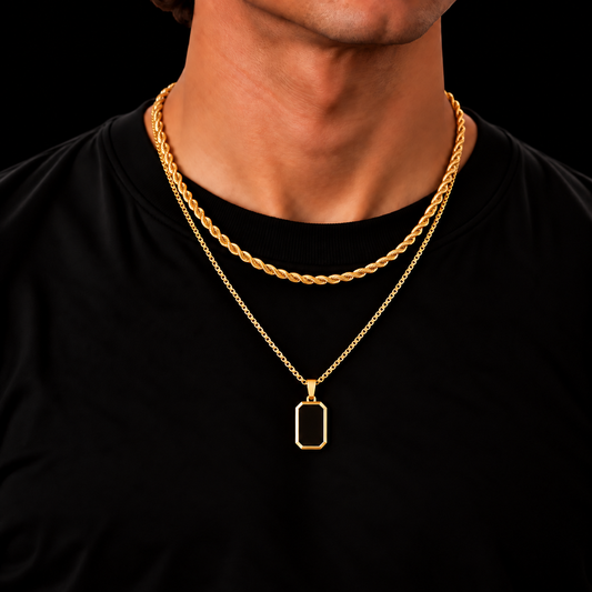 3MM ROPE CHAIN + 2MM BOX CHAIN BLACK OCTAGON SET – 18K GOLD PLATED