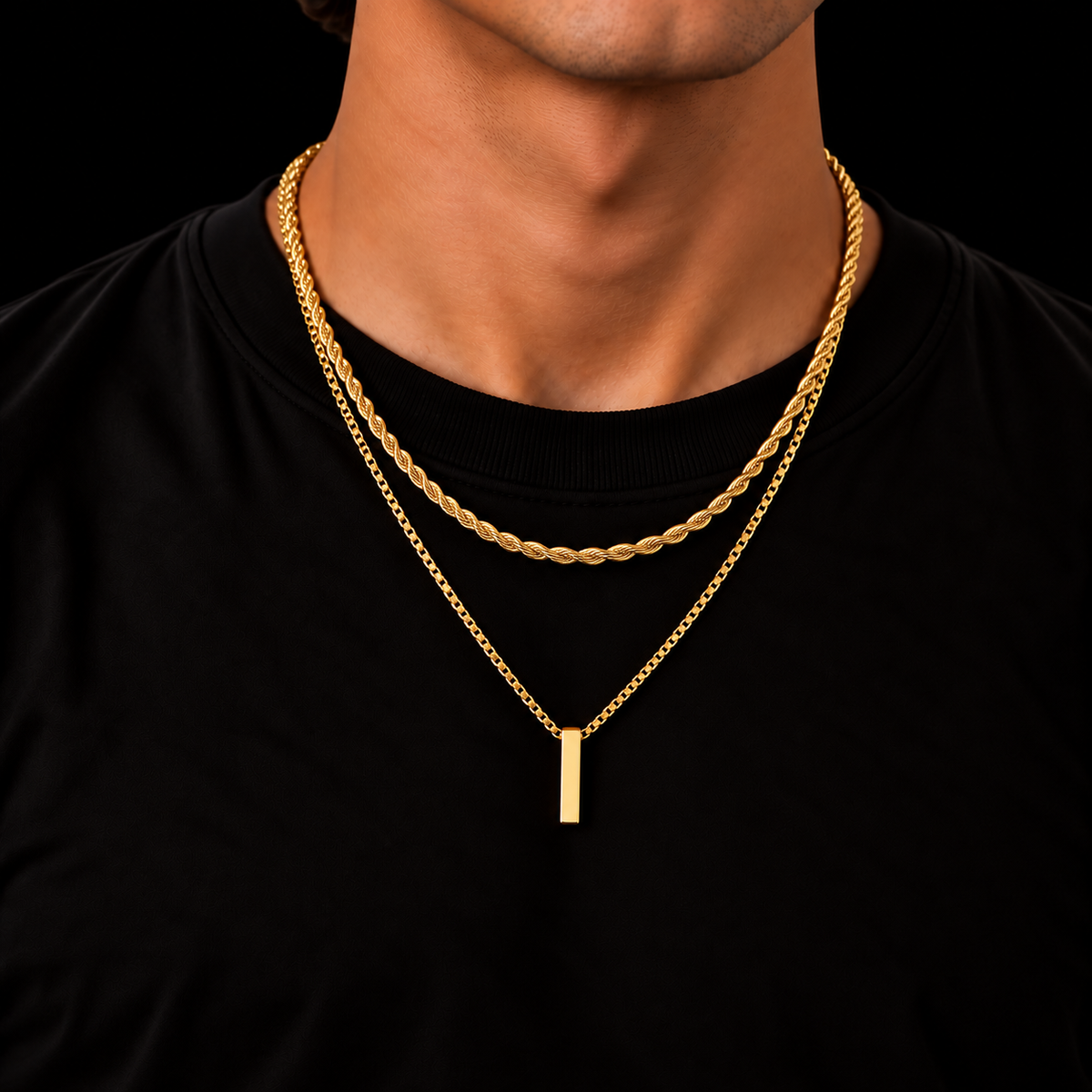 3MM ROPE CHAIN + 2MM BOX CHAIN BAR SET – 18K GOLD PLATED