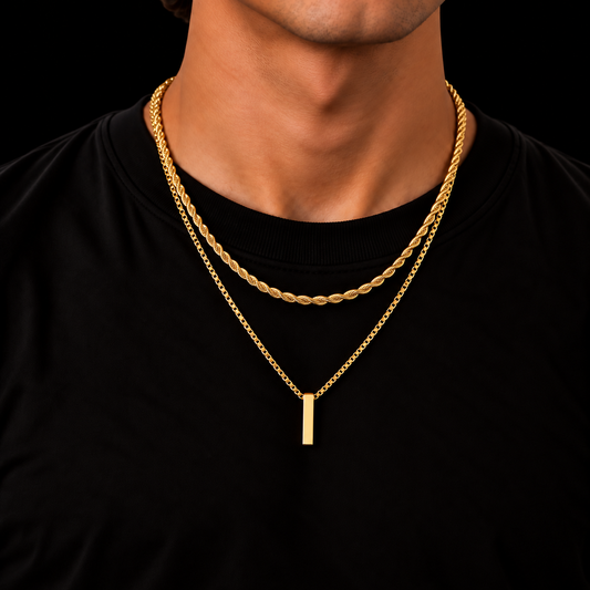 3MM ROPE CHAIN + 2MM BOX CHAIN BAR SET – 18K GOLD PLATED