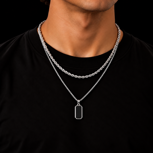 3MM ROPE CHAIN + 2MM BOX CHAIN LONG OCTAGON SET – SILVER PLATED