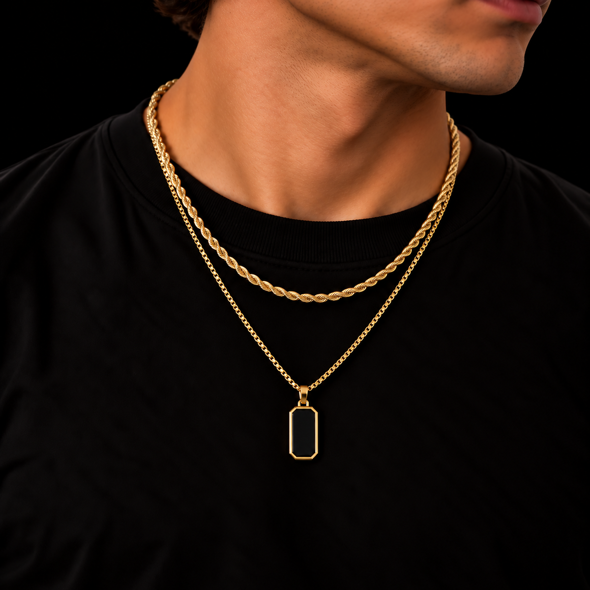 3MM ROPE CHAIN + 2MM BOX CHAIN LONG OCTAGON SET – 18K GOLD PLATED