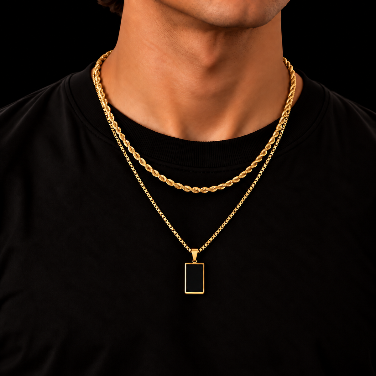 3MM ROPE CHAIN + 2MM BOX CHAIN BLACK RECTANGLE SET – 18K GOLD PLATED