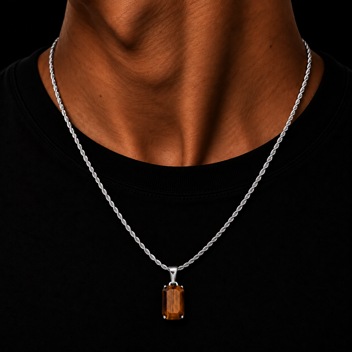 SILVER ROPE CHAIN 2MM + TIGER EYE GEMSTONE HANGER