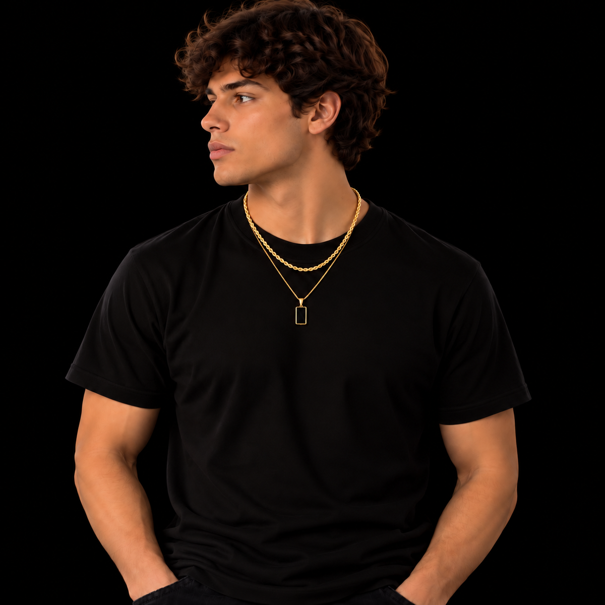 3MM ROPE CHAIN + 2MM BOX CHAIN BLACK RECTANGLE SET – 18K GOLD PLATED