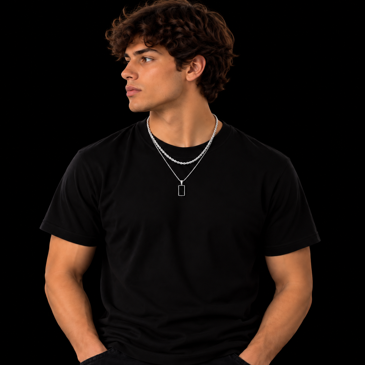 3MM ROPE CHAIN + 2MM BOX CHAIN BLACK RECTANGLE SET – SILVER PLATED