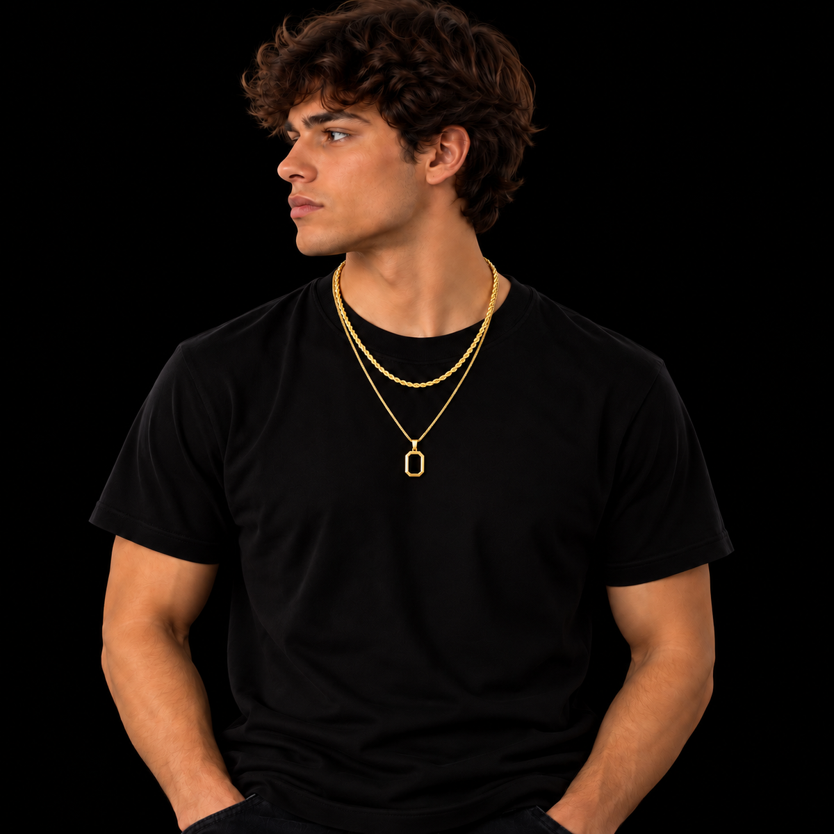 3MM ROPE CHAIN + 2MM BOX CHAIN BLACK OCTAGON SET – 18K GOLD PLATED
