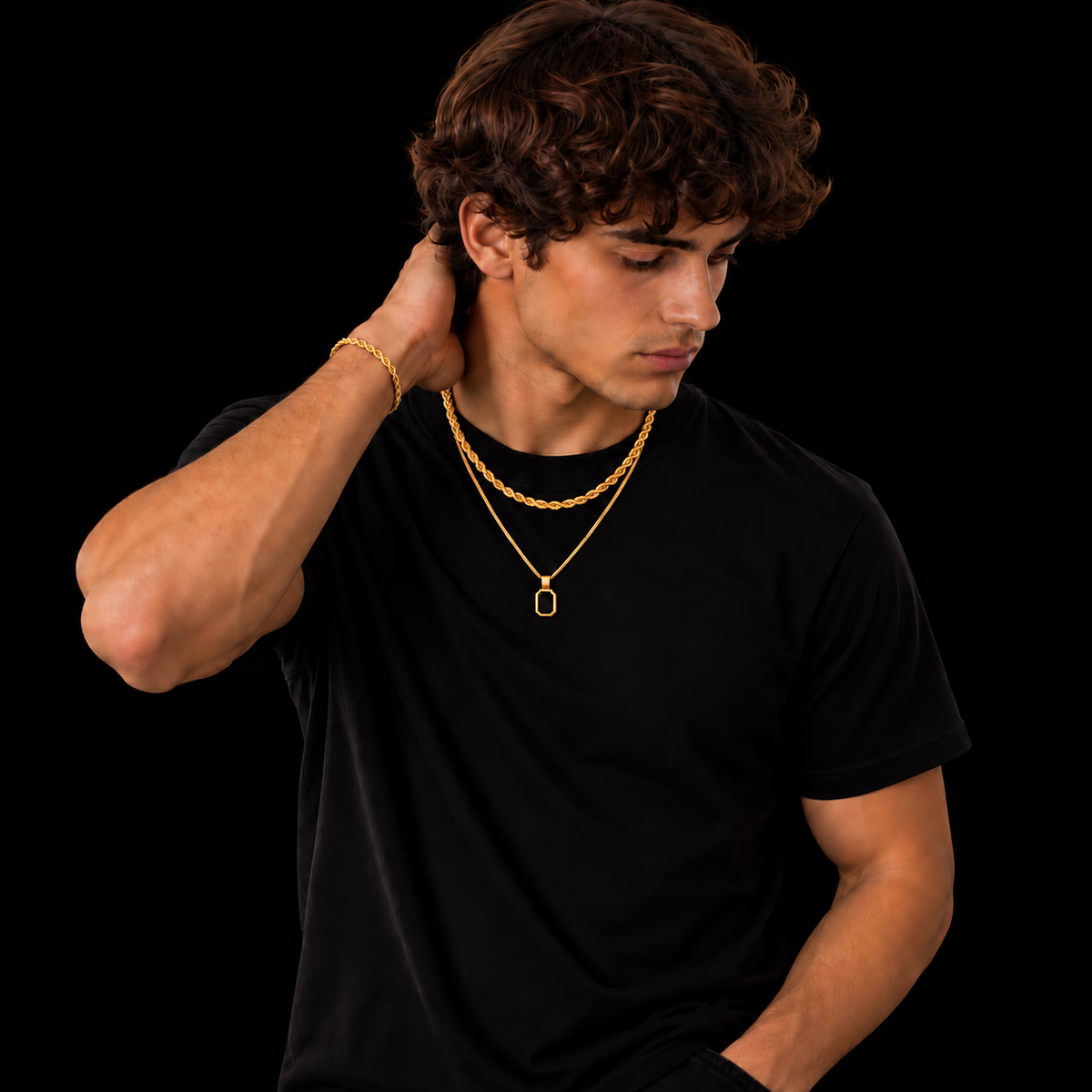 3MM ROPE CHAIN + 2MM BOX CHAIN BLACK OCTAGON SET – 18K GOLD PLATED