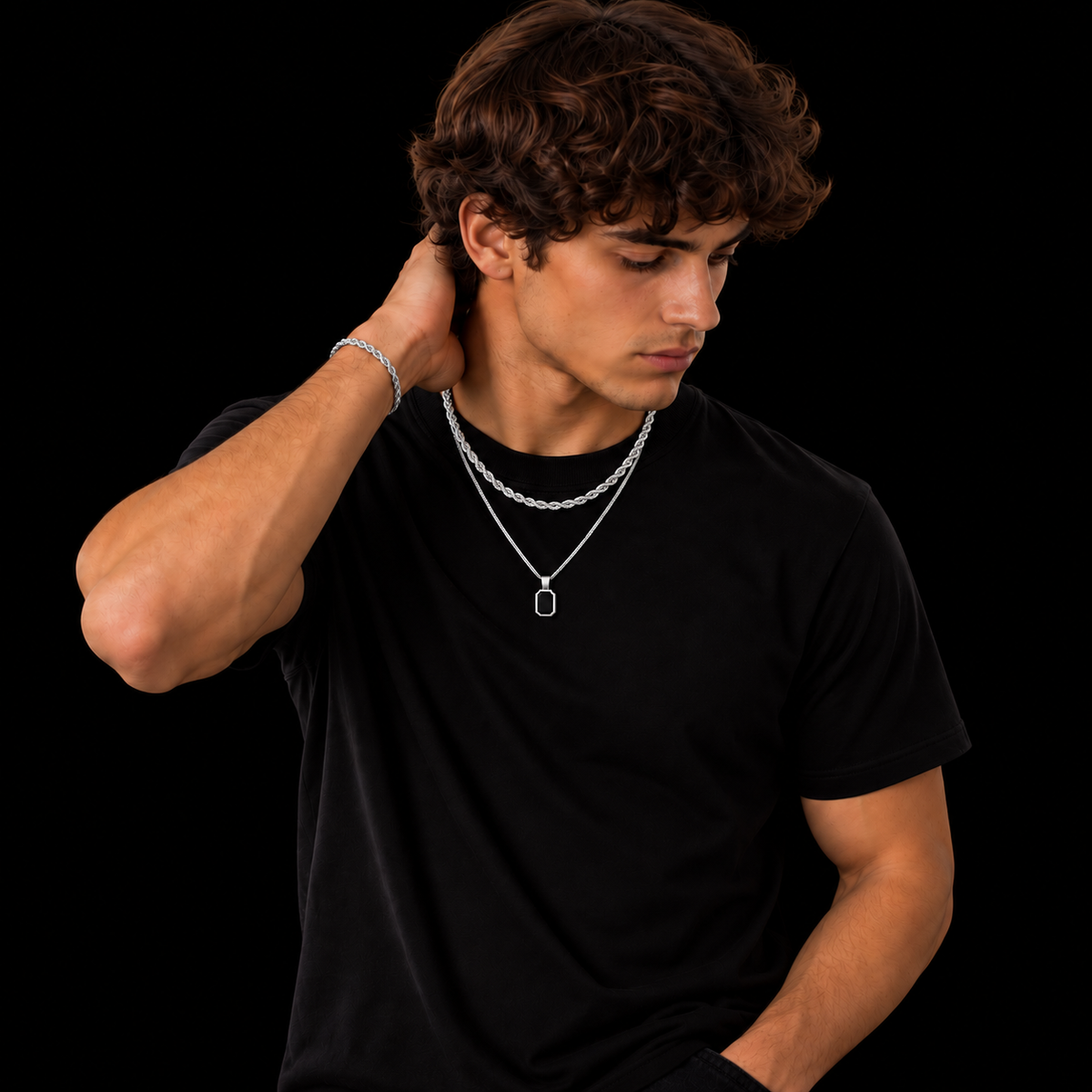 3MM ROPE CHAIN + 2MM BOX CHAIN BLACK OCTAGON SET – SILVER PLATED