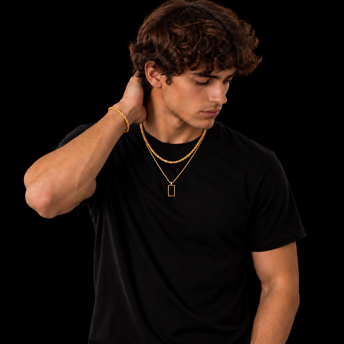 18K GOLD PLATED BOX CHAIN 2MM + BLACK RECTANGLE PENDANT HANGER