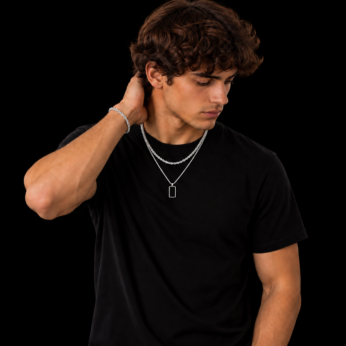 3MM ROPE CHAIN + 2MM BOX CHAIN BLACK RECTANGLE SET – SILVER PLATED