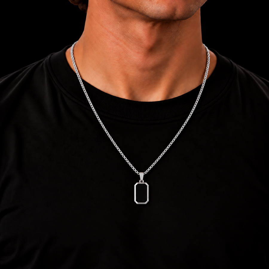 SILVER PLATED BOX CHAIN 2MM + BLACK OCTAGON PENDANT HANGER