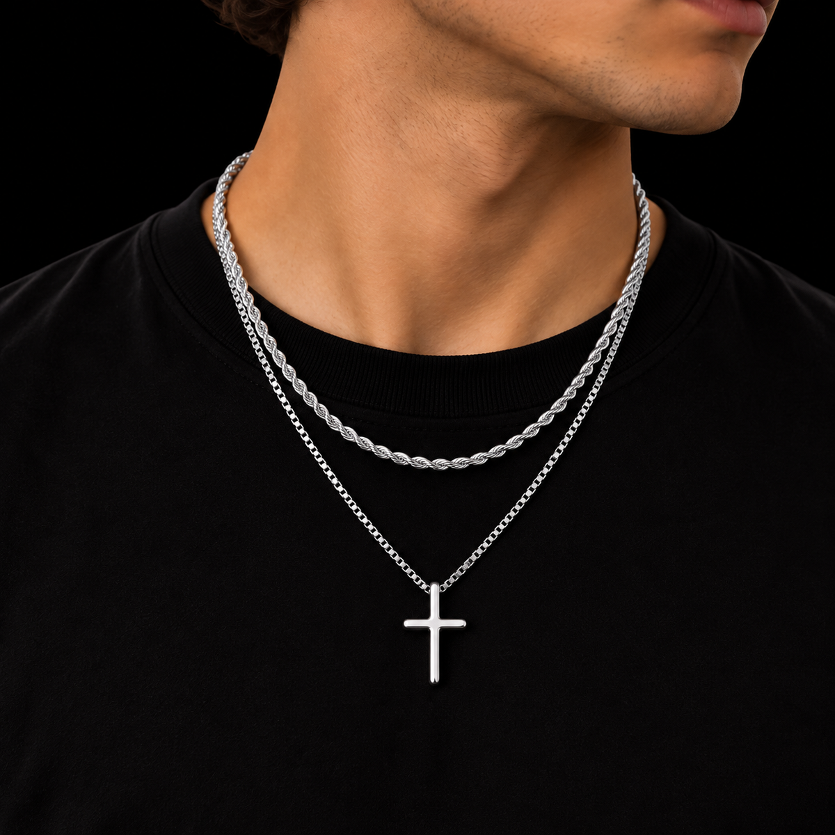 3MM ROPE CHAIN + 2MM BOX CHAIN KRUIS SET – SILVER PLATED