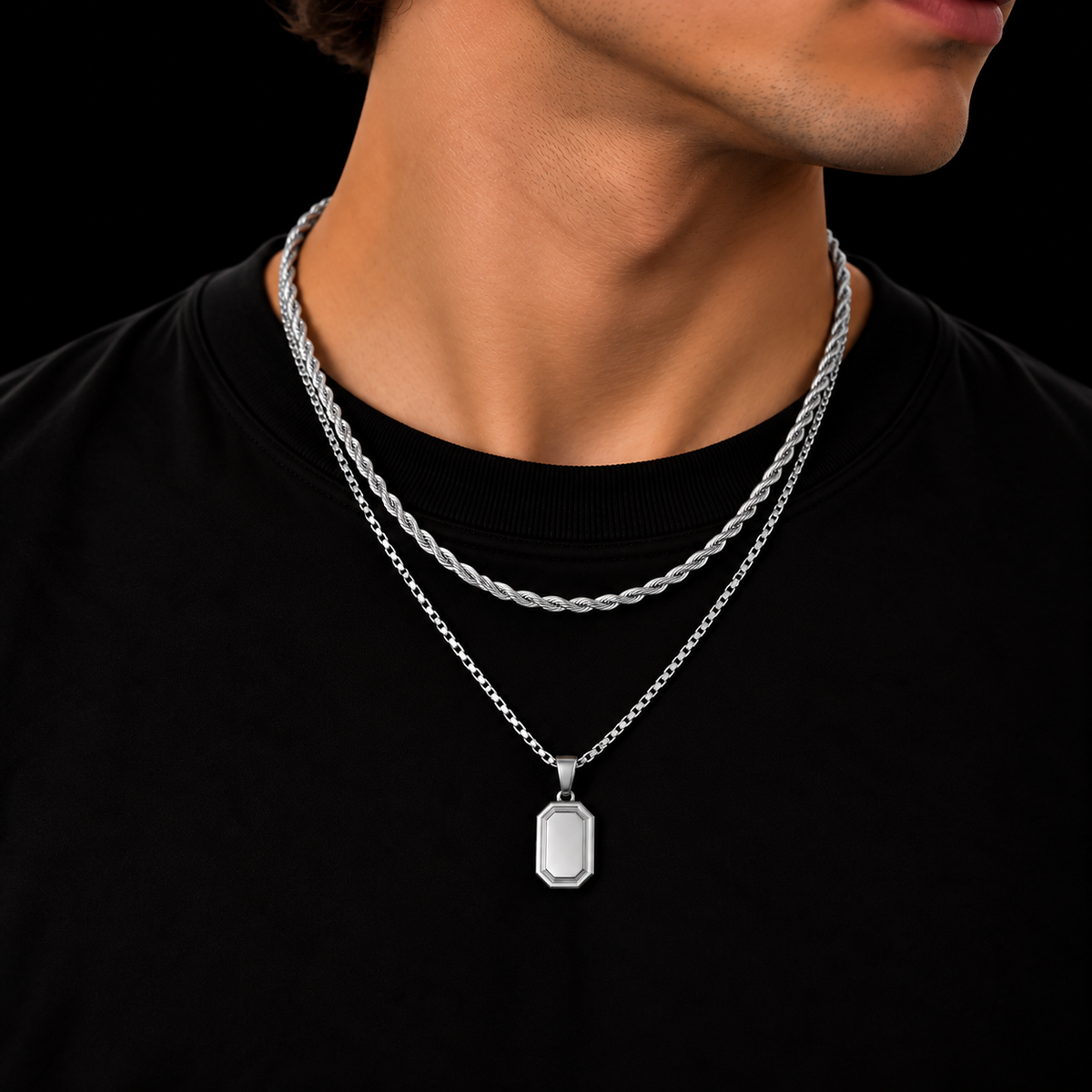 3MM ROPE CHAIN + 2MM BOX CHAIN OCTAGON SET – SILVER PLATED