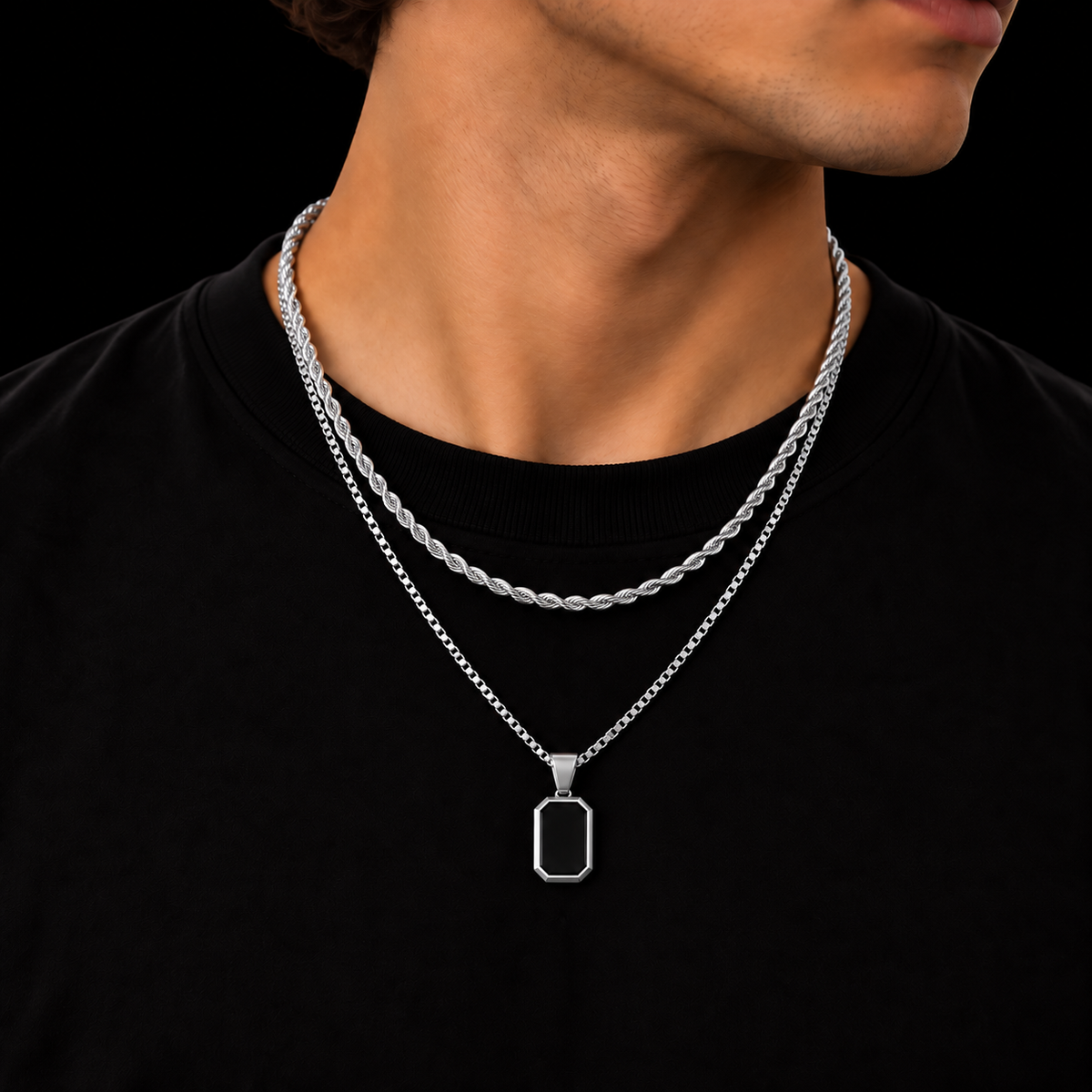 3MM ROPE CHAIN + 2MM BOX CHAIN BLACK OCTAGON SET – SILVER PLATED