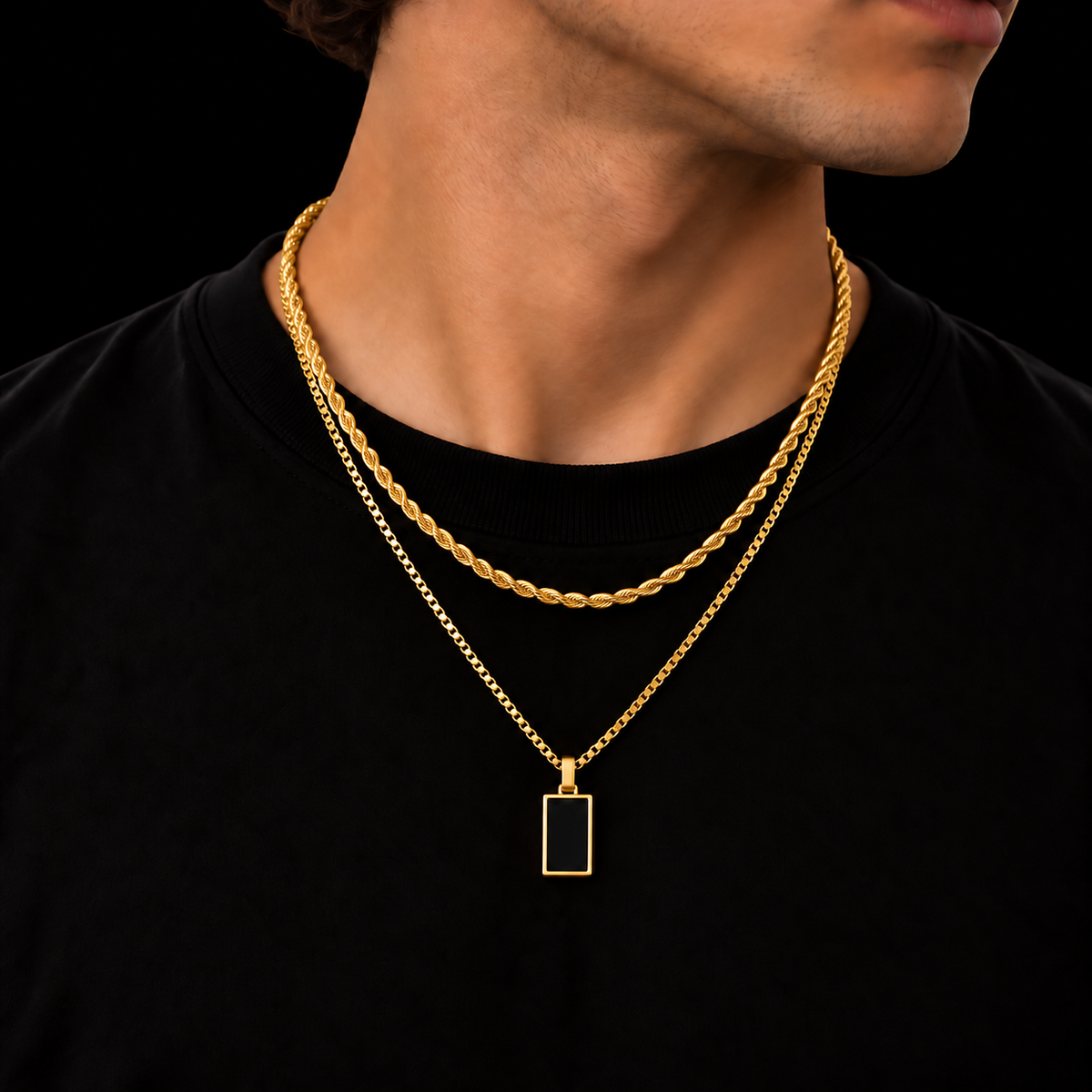 3MM ROPE CHAIN + 2MM BOX CHAIN BLACK RECTANGLE SET – 18K GOLD PLATED