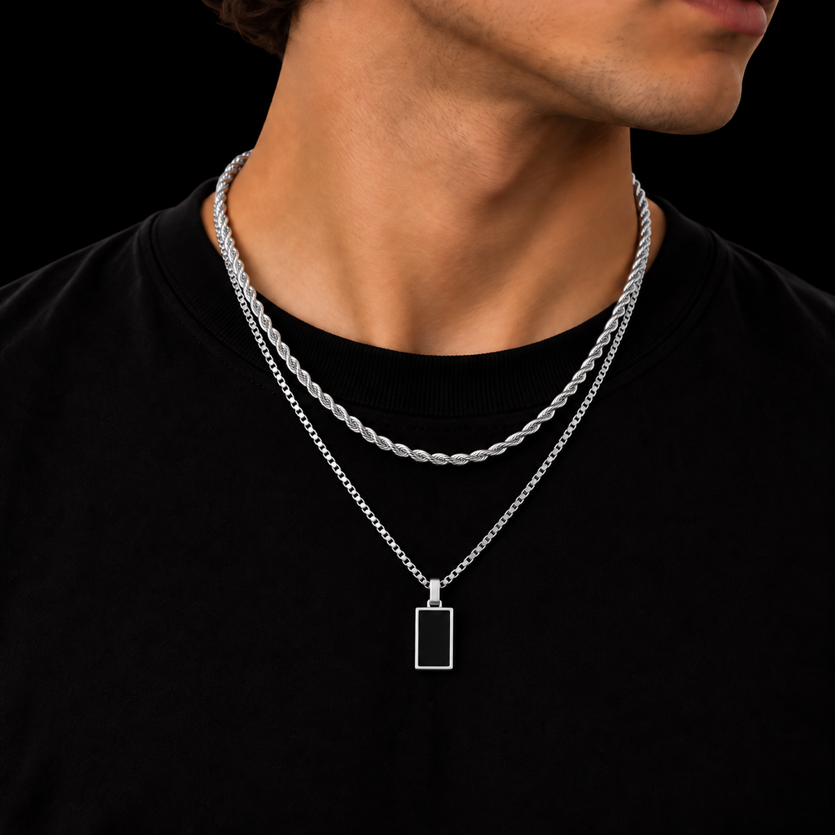 3MM ROPE CHAIN + 2MM BOX CHAIN BLACK RECTANGLE SET – SILVER PLATED