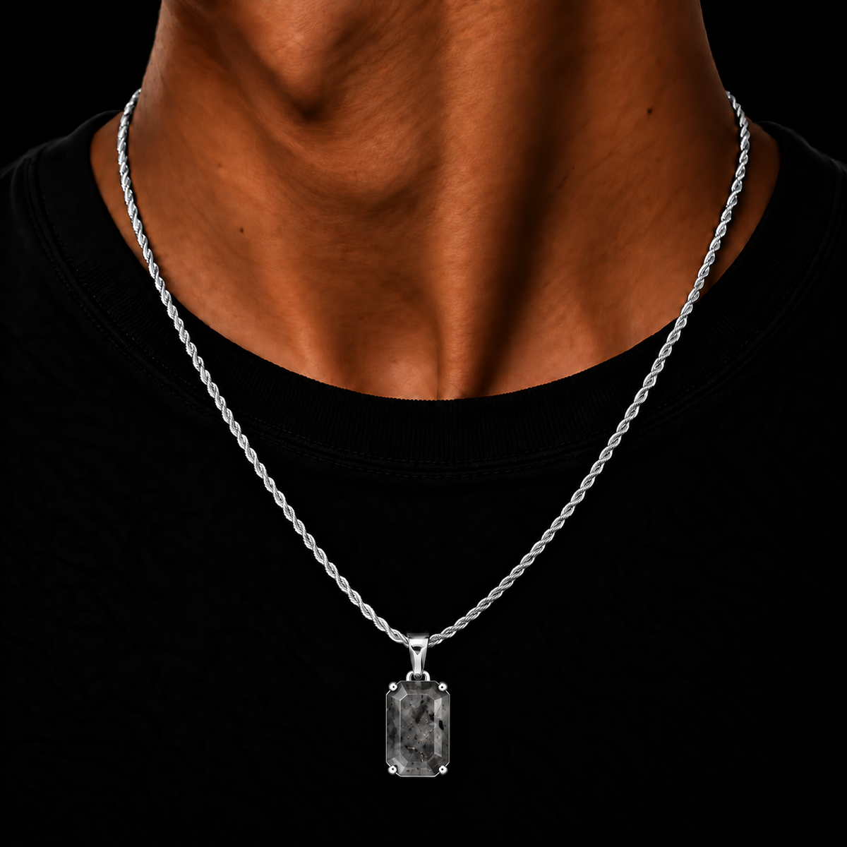 SILVER ROPE CHAIN 2MM + SPECTROLITE GEMSTONE HANGER