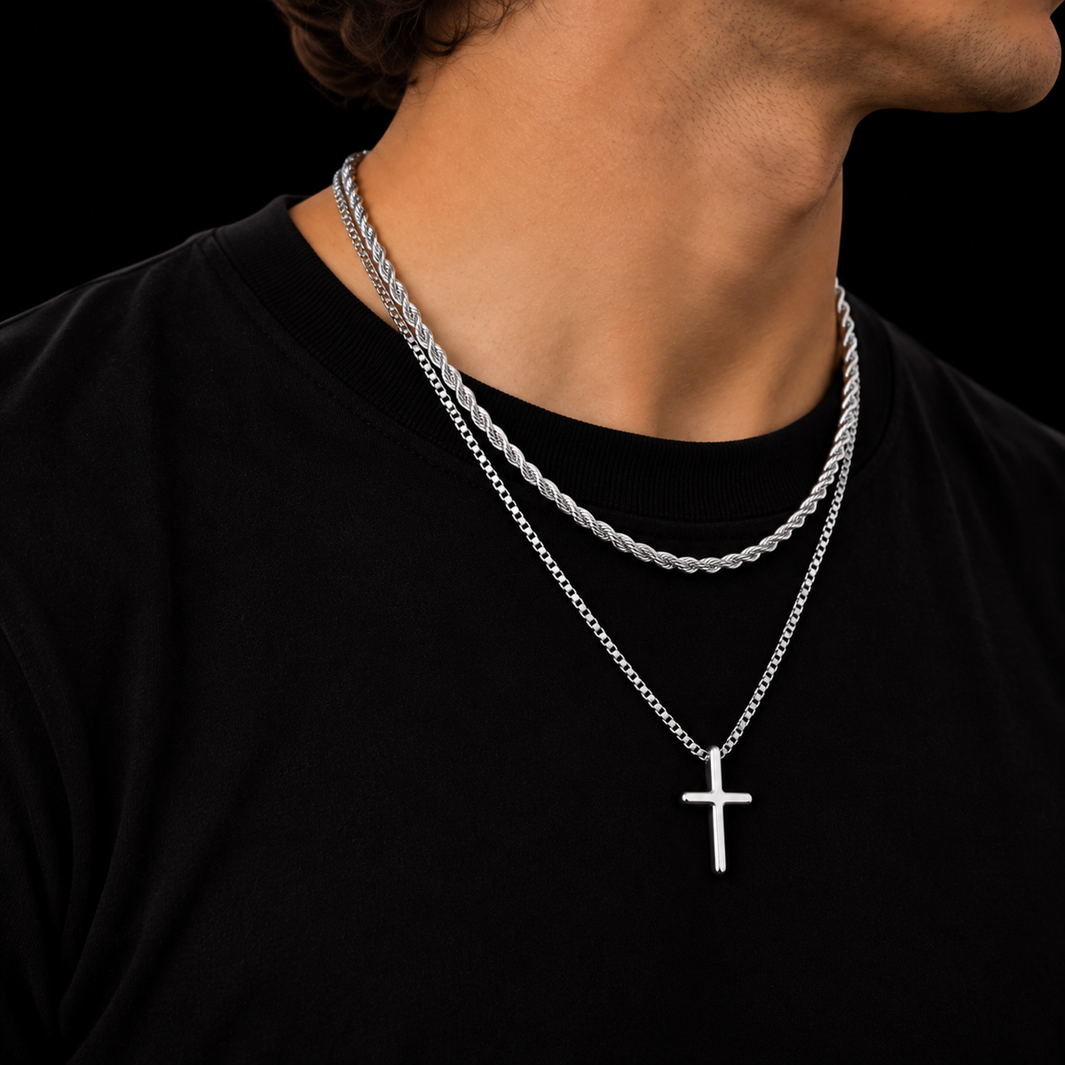 3MM ROPE CHAIN + 2MM BOX CHAIN KRUIS SET – SILVER PLATED