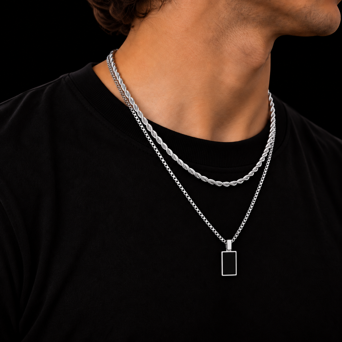 3MM ROPE CHAIN + 2MM BOX CHAIN BLACK RECTANGLE SET – SILVER PLATED