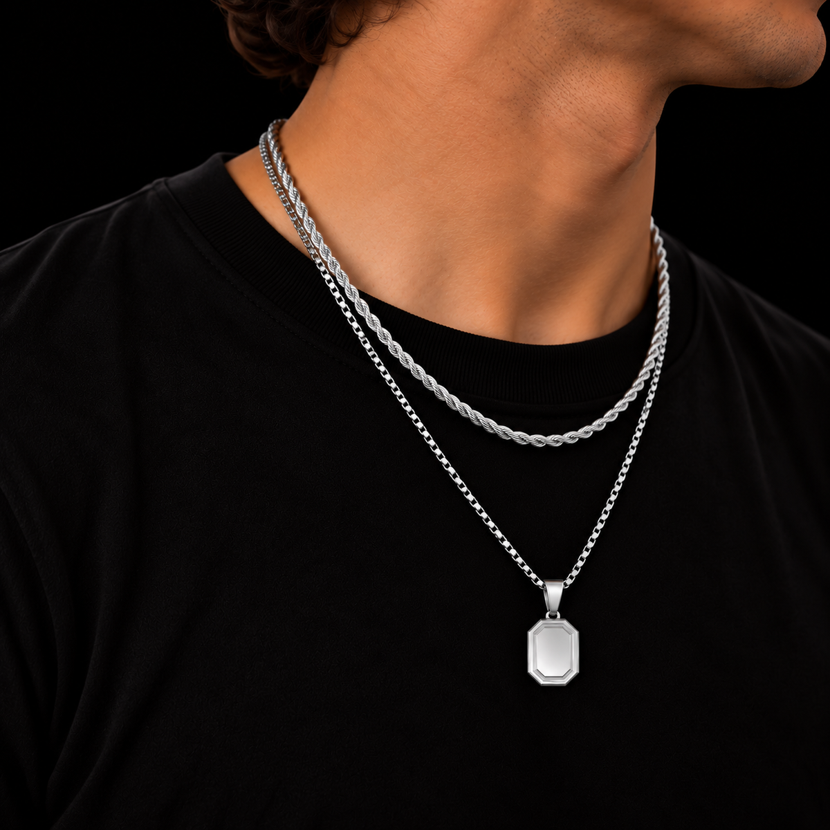 3MM ROPE CHAIN + 2MM BOX CHAIN OCTAGON SET – SILVER PLATED