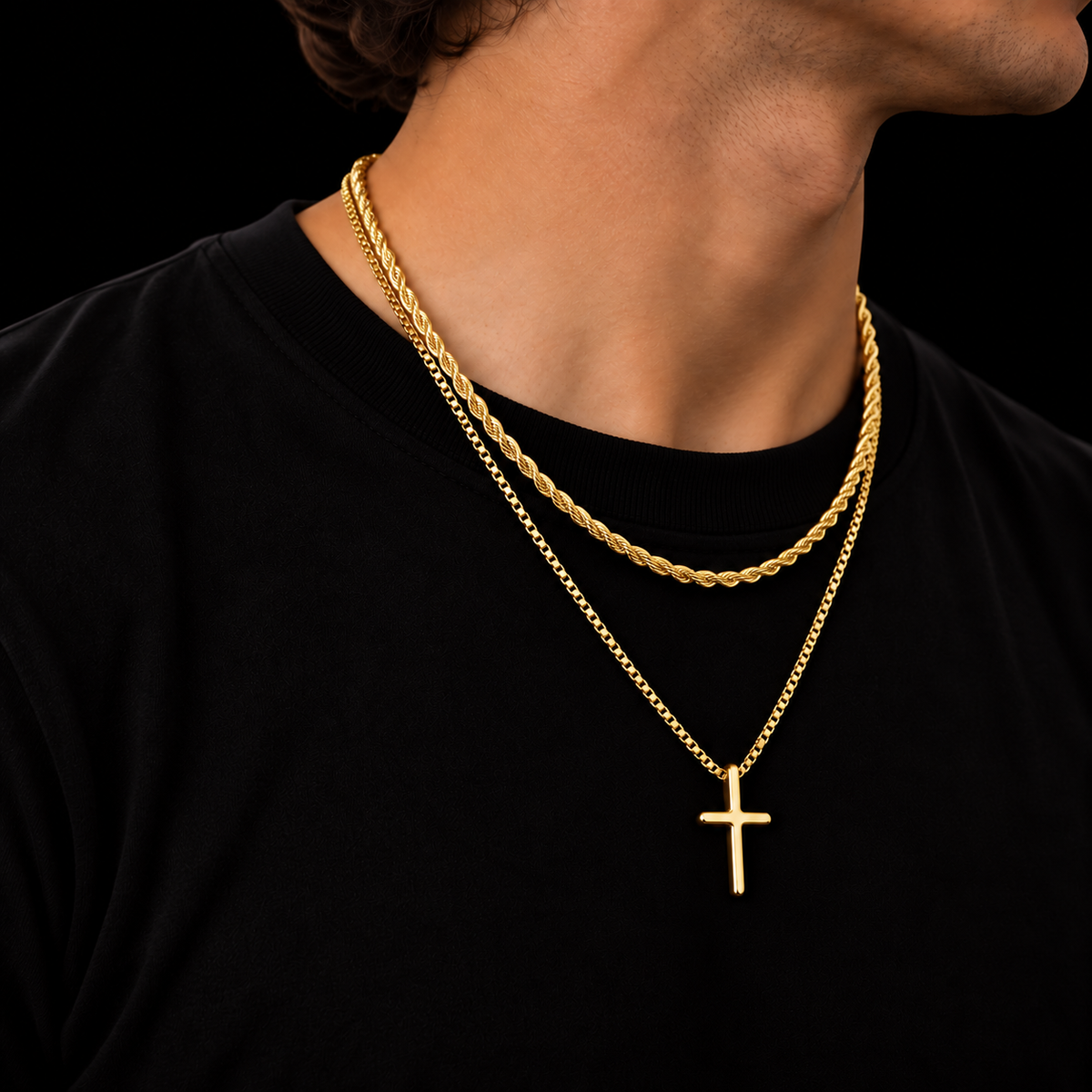 3MM ROPE CHAIN + 2MM BOX CHAIN KRUIS SET – 18K GOLD PLATED