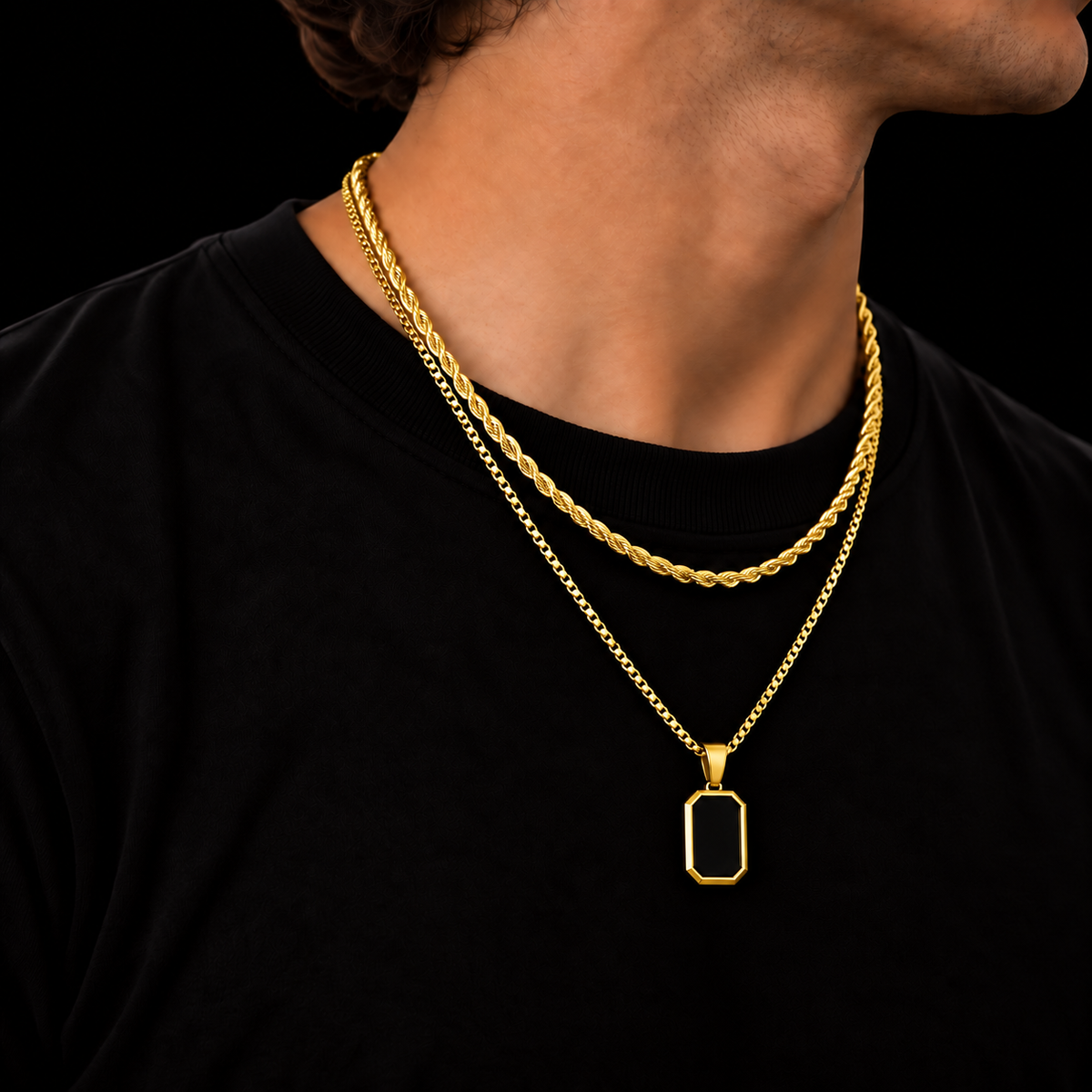 3MM ROPE CHAIN + 2MM BOX CHAIN BLACK OCTAGON SET – 18K GOLD PLATED