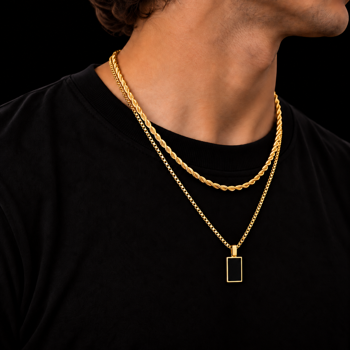 3MM ROPE CHAIN + 2MM BOX CHAIN BLACK RECTANGLE SET – 18K GOLD PLATED
