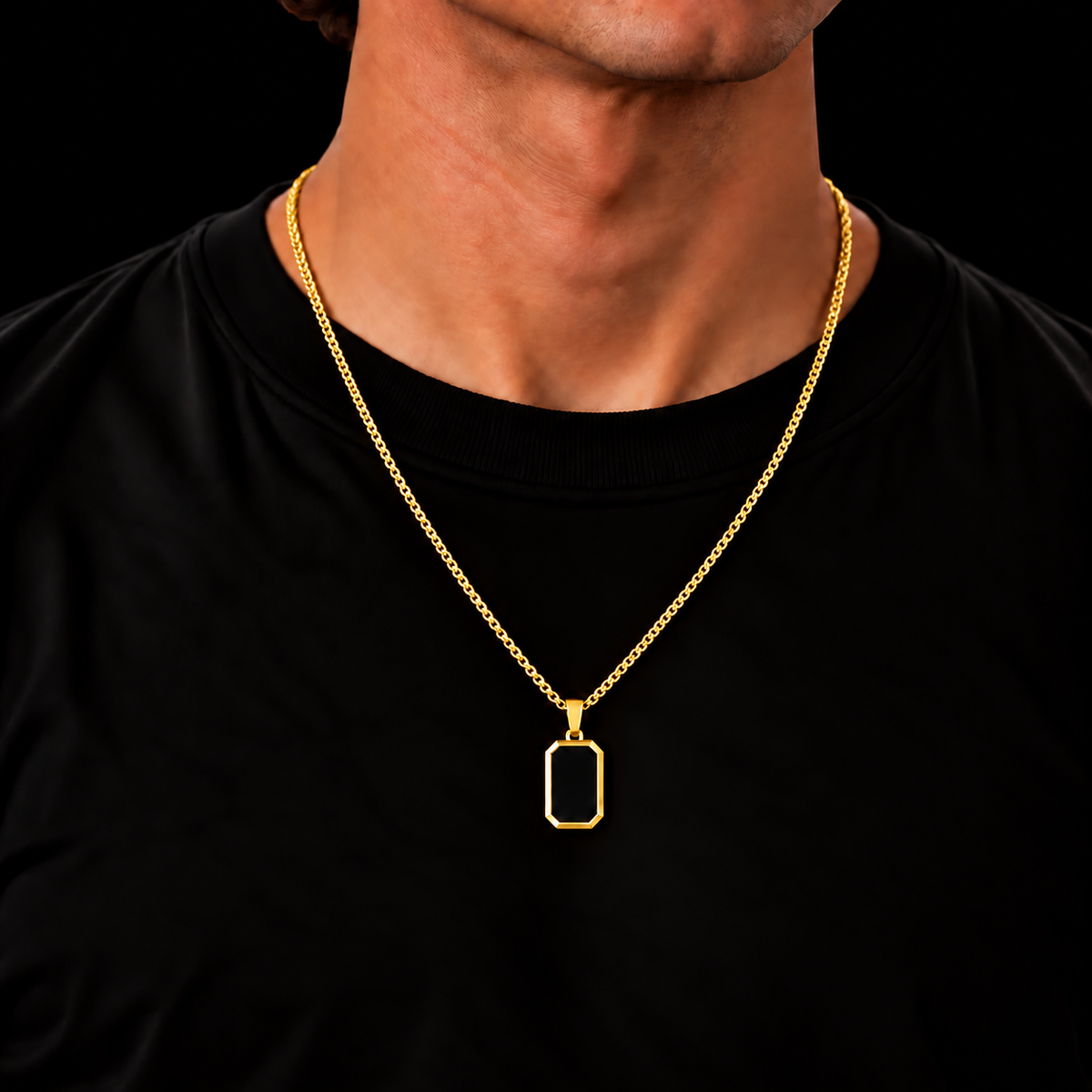 18K GOLD PLATED BOX CHAIN 2MM + BLACK OCTAGON PENDANT HANGER