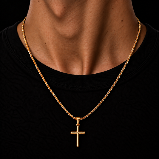 GOLD ROPE CHAIN 2MM + KRUIS PENDANT HANGER