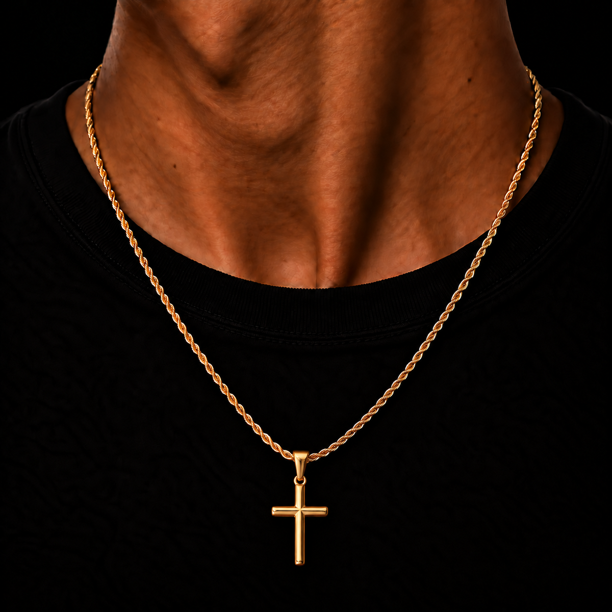 GOLD ROPE CHAIN 2MM + KRUIS PENDANT HANGER