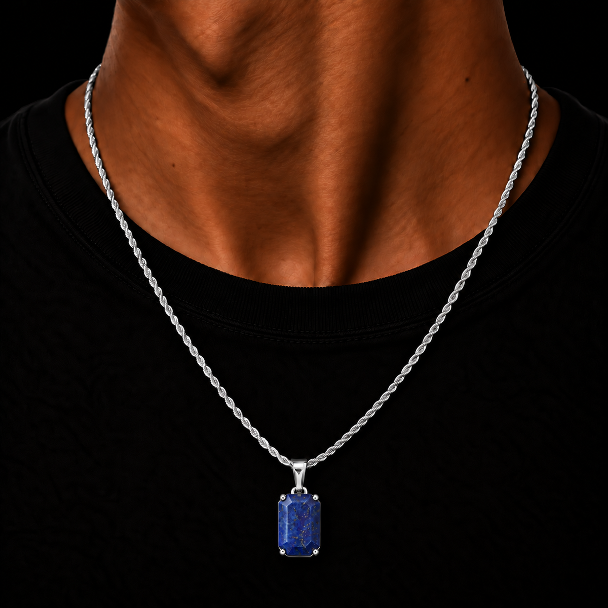 SILVER ROPE CHAIN 2MM + LAPIS LAZULI GEMSTONE HANGER