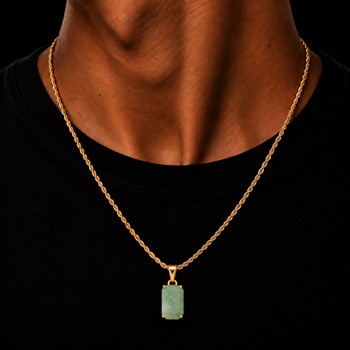 GOLD ROPE CHAIN 2MM + LIGHT AVENTURINE GEMSTONE HANGER