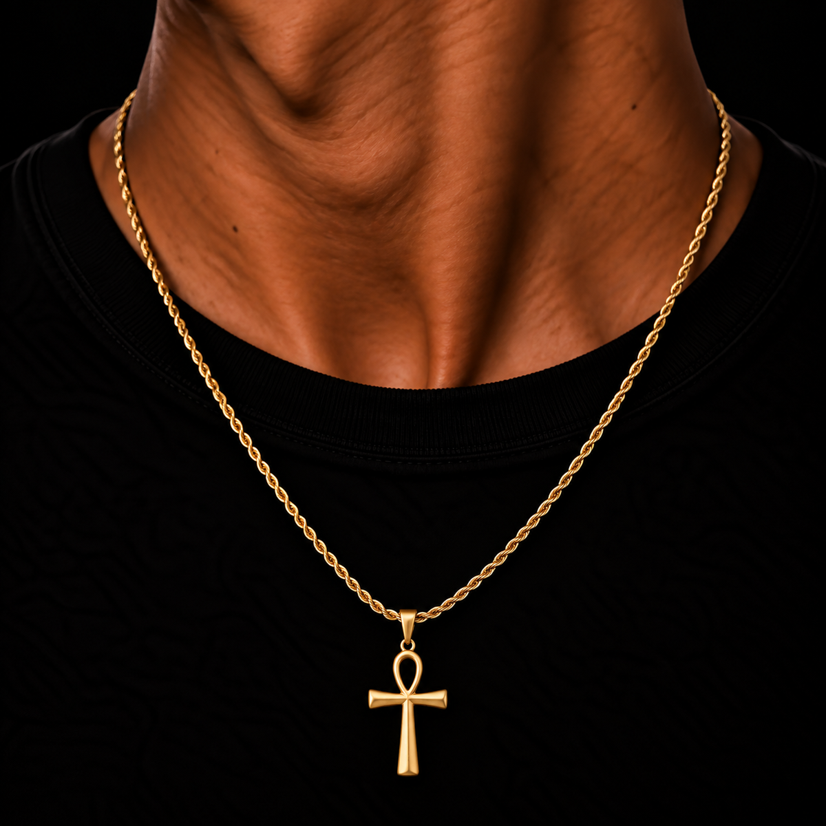 GOLD ROPE CHAIN 2MM + ANKH PENDANT HANGER