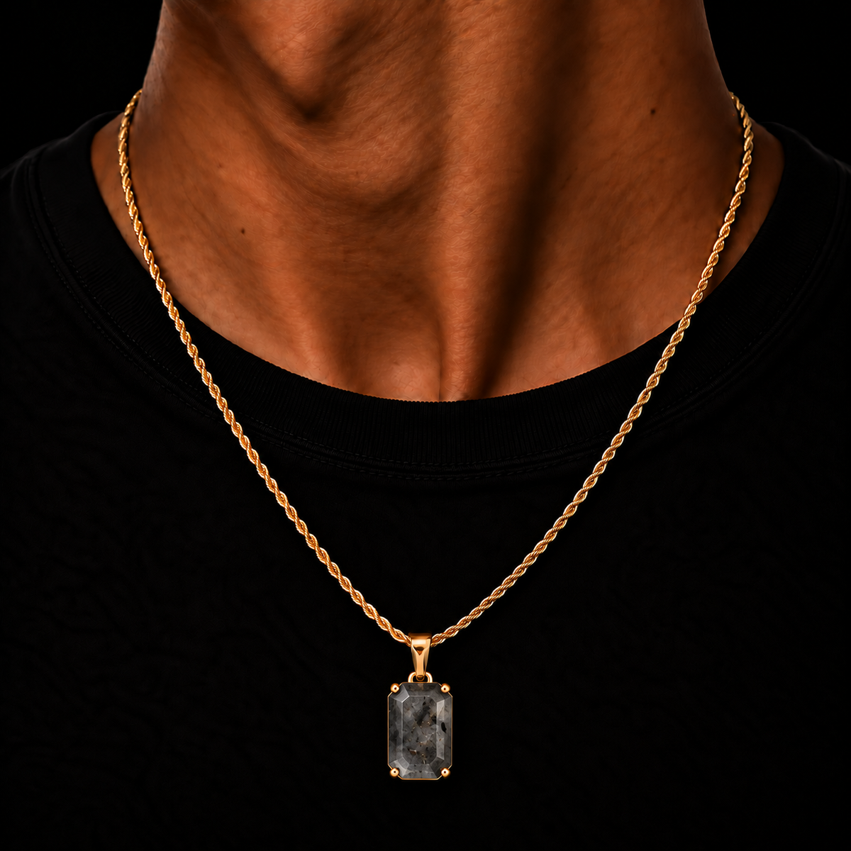 GOLD ROPE CHAIN 2MM + SPECTROLITE GEMSTONE HANGER