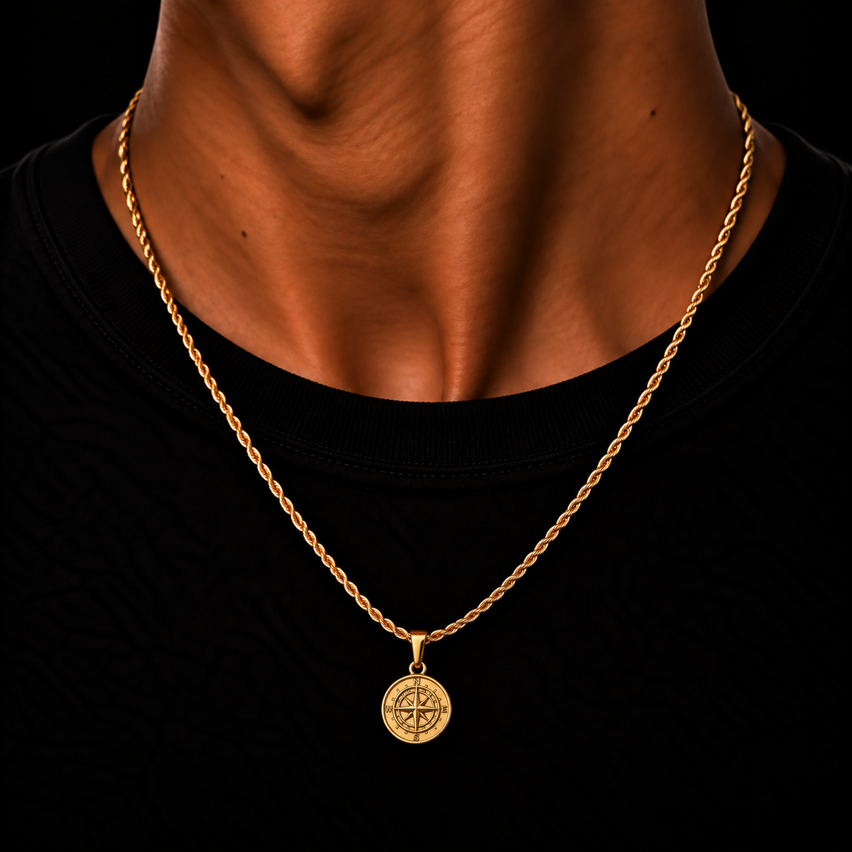 GOLD ROPE CHAIN 2MM + KOMPAS PENDANT HANGER