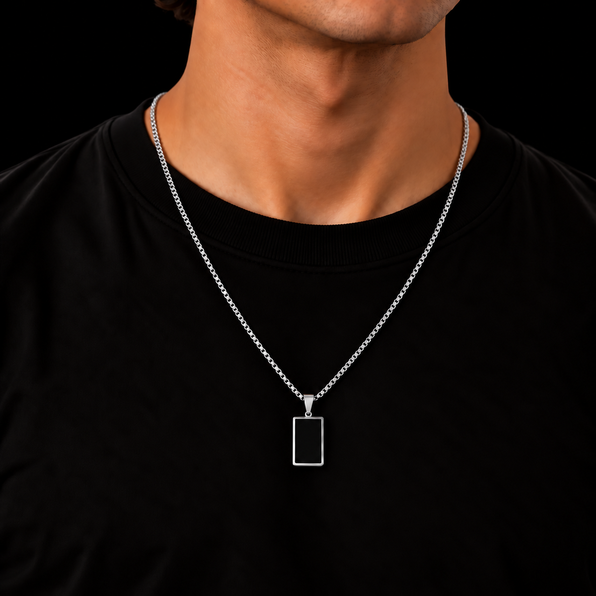 SILVER PLATED BOX CHAIN 2MM + BLACK RECTANGLE PENDANT HANGER