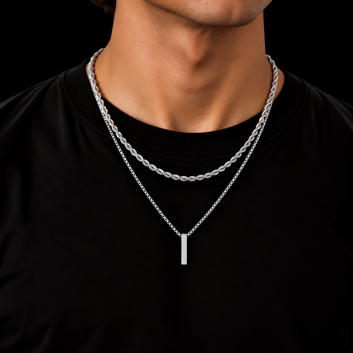 3MM ROPE CHAIN + 2MM BOX CHAIN BAR SET – SILVER PLATED